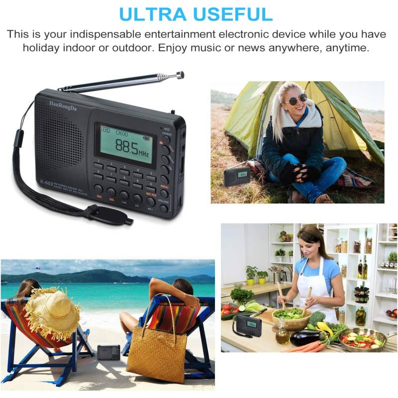 Pequeña radio portátil de onda corta AM/FM/ON Radio digital retro  recargable, Bluetooth, reproductor ER