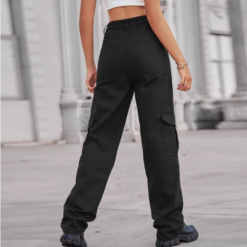 GENERICO Pantalones anchos de cintura alta elásticos con botones para mujer-negro.