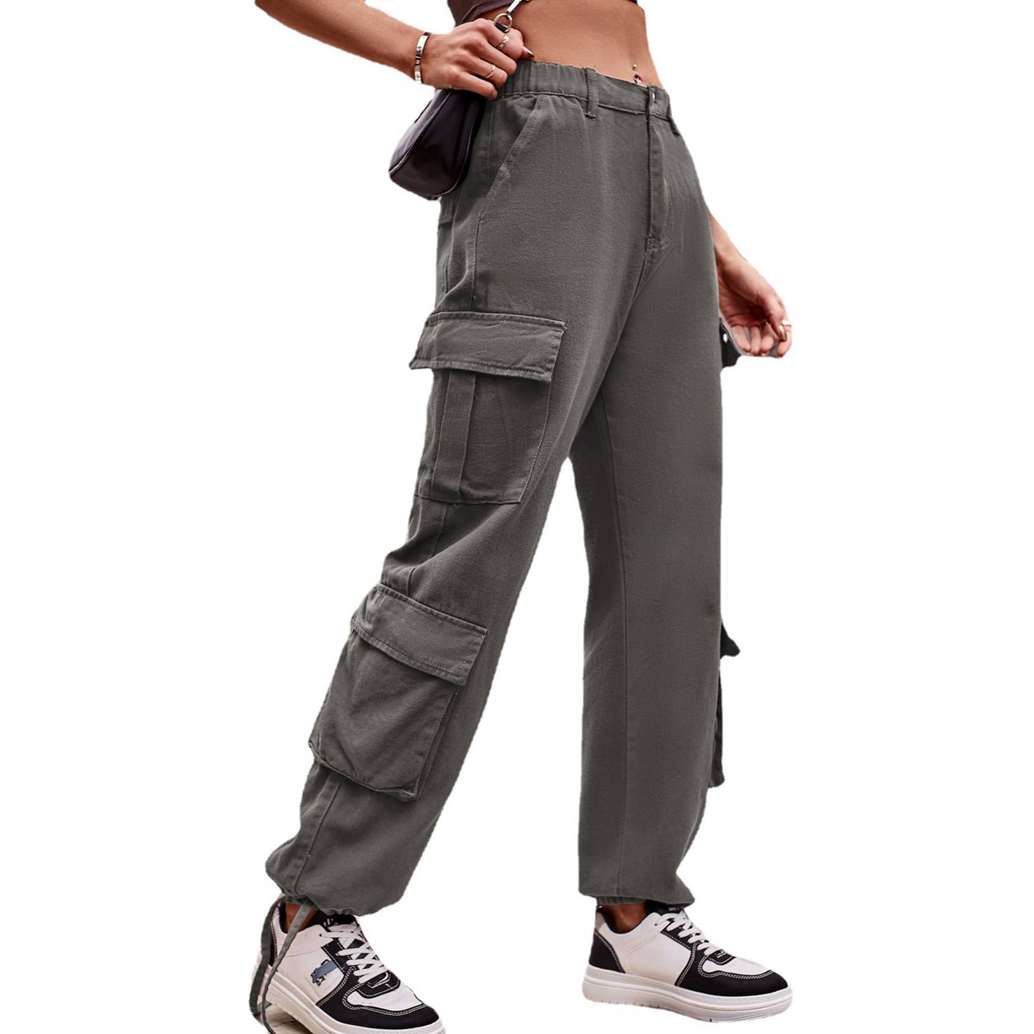 Pantalones de deporte anchos grises de cintura alta