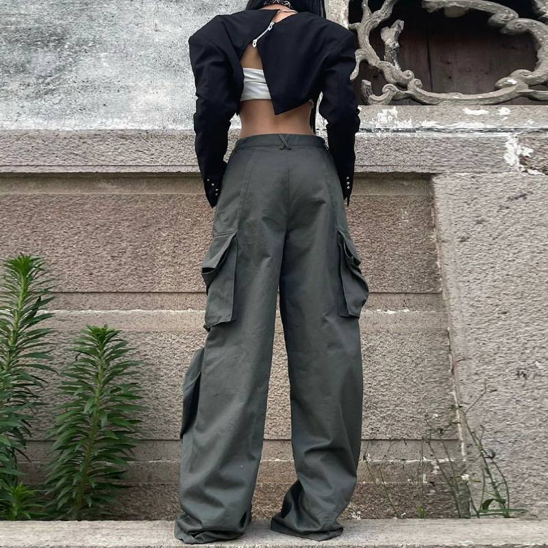 Pantalones cargo elásticos de cintura alta para mujer - Negro GENERICO