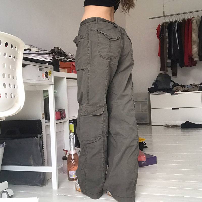 Pantalones cargo elásticos de cintura alta para mujer - Gris GENERICO