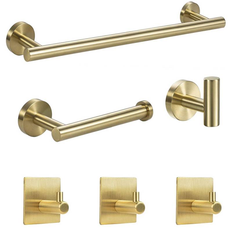 TNOMS Juego de toallero dorado para baño, 5 piezas, accesorios dorados,  acero inoxidable, montaje en pared, 23.6 pulgadas