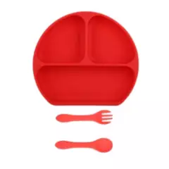 GENERICO - Plato de silicona con ventosa cuchara y tenedor rojo