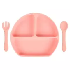 GENERICO - Plato de silicona con ventosa cuchara y tenedor rosa