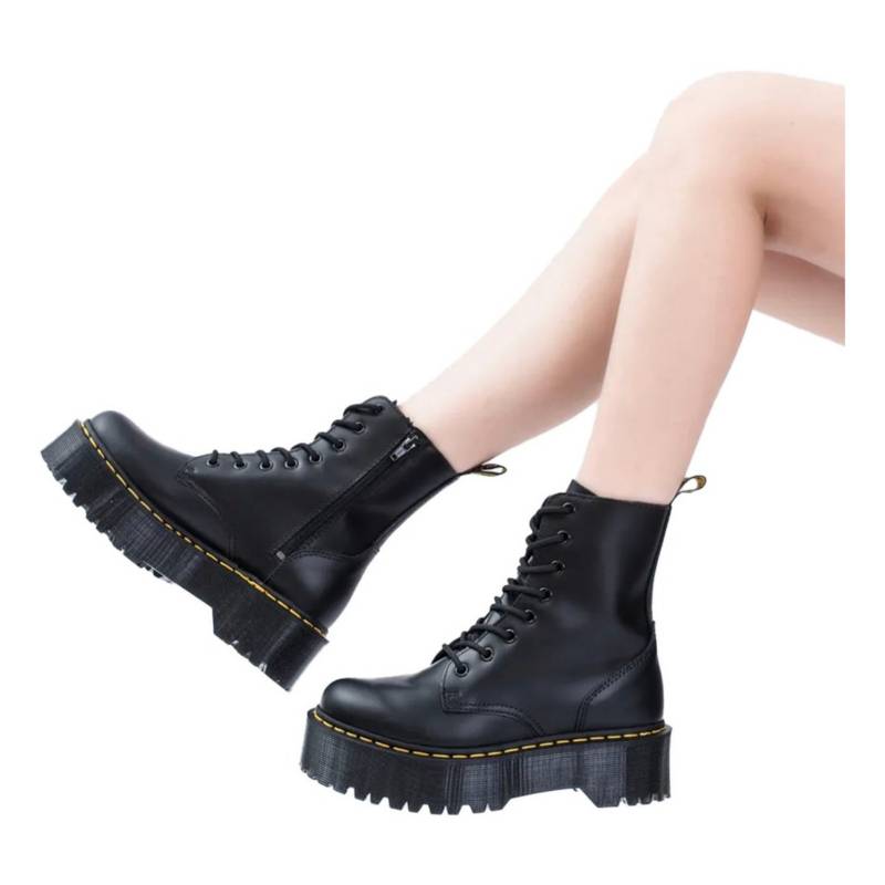 Botin Mujer Plataforma Casual Retro Cuero Negro 7230 GENERICO