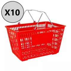RACKEXPRESS - Pack 10 Canastos Plásticos Con Manillas Metálicas Color Rojo