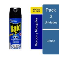 RAID - Pack 3 Insecticida Mata Moscas Mosquitos sin olor 360cc Raid