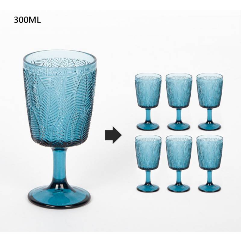 GENERICO Juego 6 Copas de Vidrio Vintage Elegantes 300ML Azul