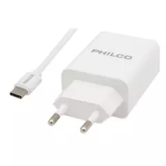 PHILCO - Cargador Philco doble puerto USB con cable tipo C R2109