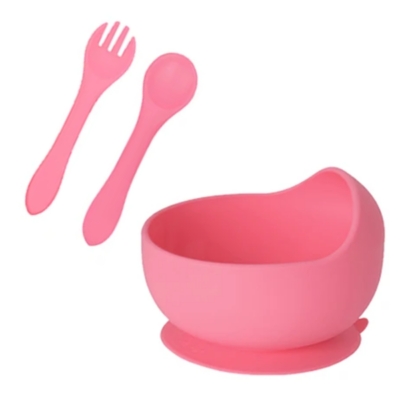 Cuchara y tenedor rosa de silicona para bebé -Cubiertos silicona bebé