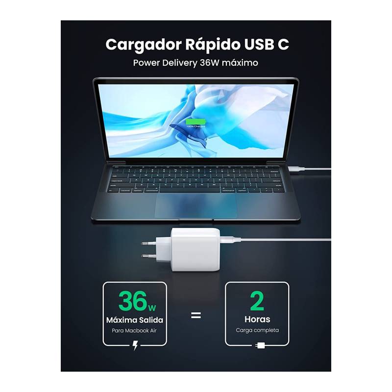 TECNOLAB Cargador Pared USB C Ultra Rápido 36W Power Delivery + USB
