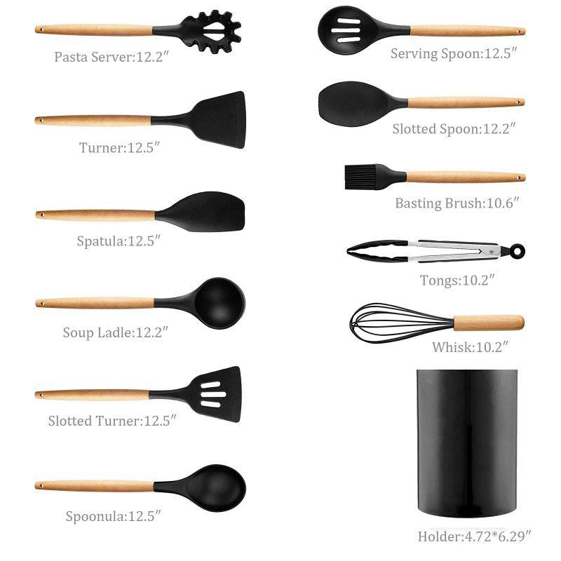 GENERICO Set 12 Utensilios Cocina De Silicona De Grado Alimenticio Negro