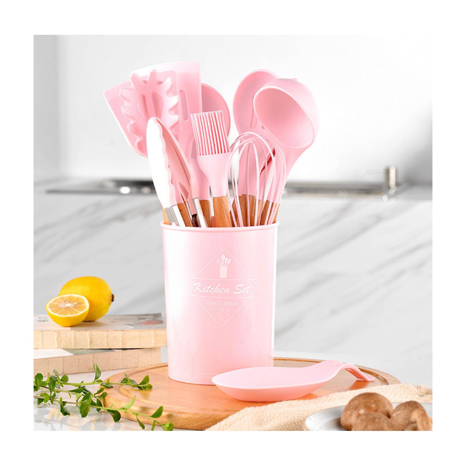 Utensilios de cocina de silicon con soporte, color rosa 12 piezas. –  Kochstelle
