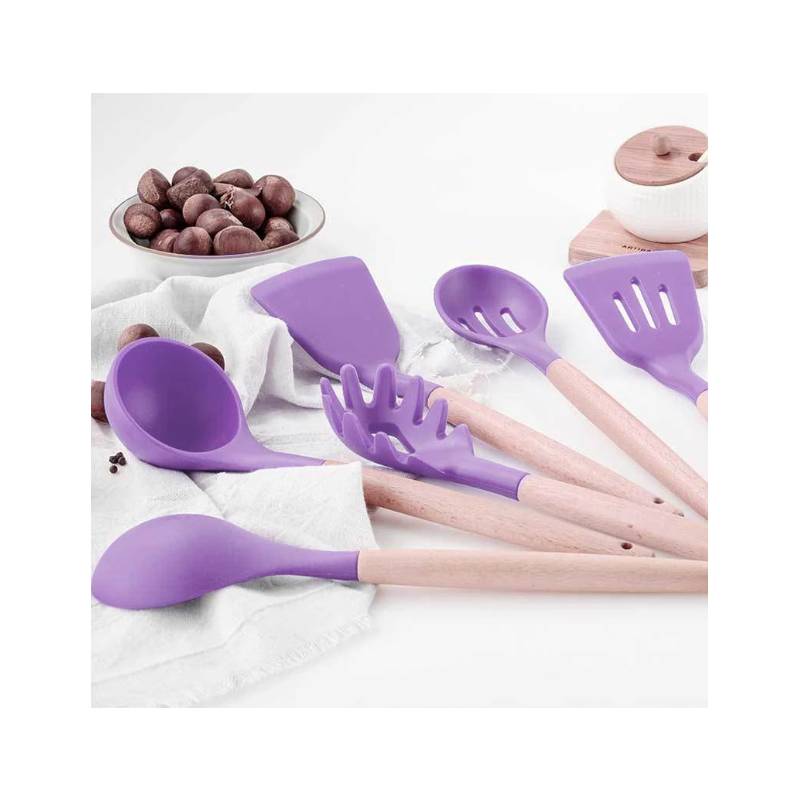 GENERICO Juego Utensilios de cocina silicona con madera 10 pcs