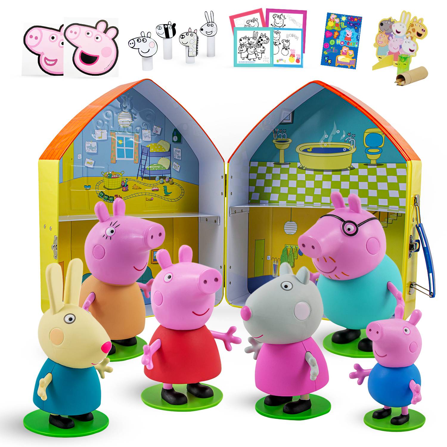PEPPA PIG Peppa Pig Juguetes, Casa de Peppa Pig con 6 Figuras + Lonchera.  Incluye Set de Manualidades