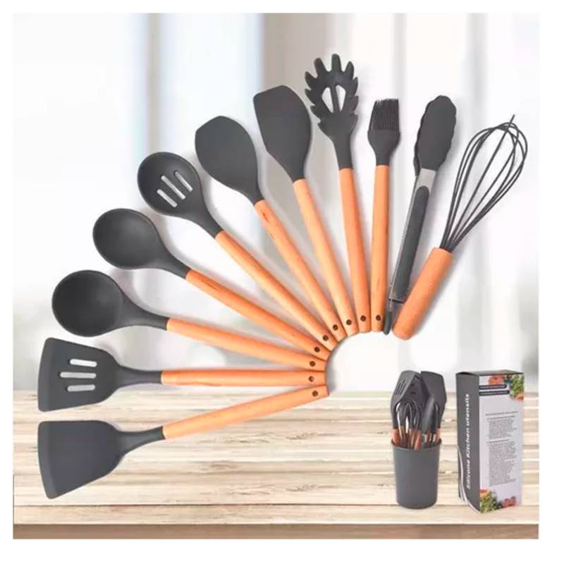 Generico Set 11 Utensilios De Cocina Antiadherentes De Silicona Negro