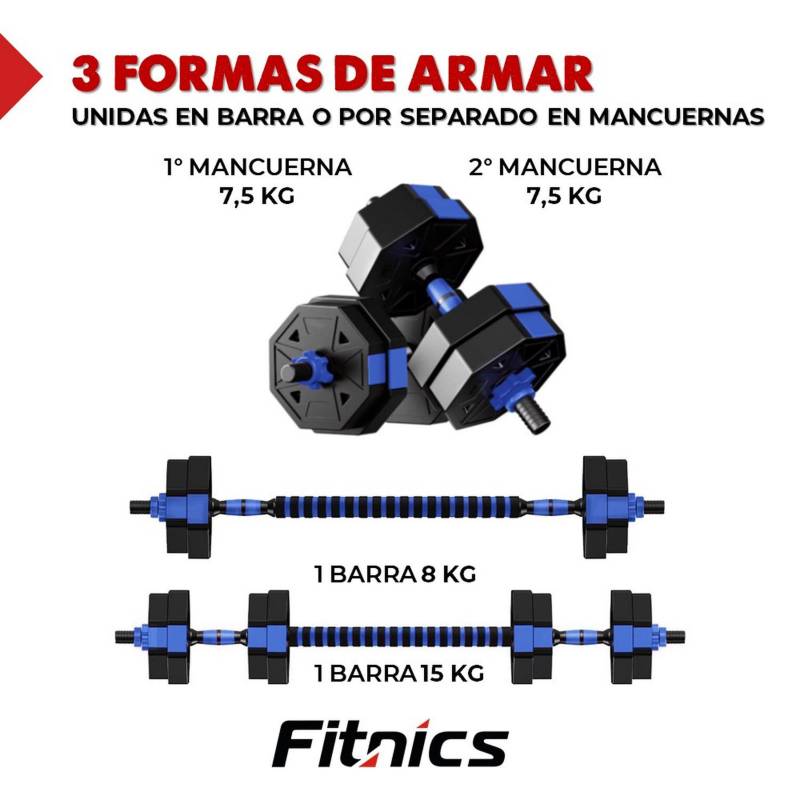 Mancuernas Ajustables Set 30 Kg Total Fitnics Unibles +Barra