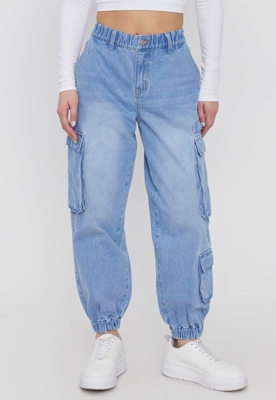 Jeans Mujer Jogger Cargo Multibolsillos Azul Medio Corona