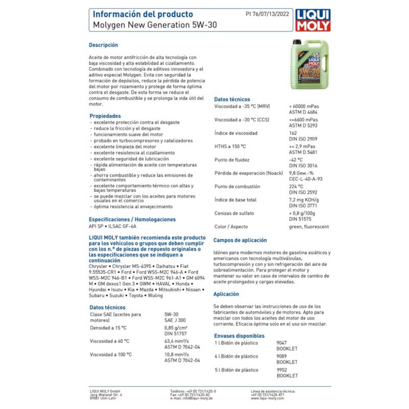 LIQUI MOLY ACEITE DE MOTOR MOLYGEN 5W30 LIQUI MOLY 1LT