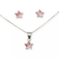 GENERICO - Conjunto Collar Aros Colgante Estrella Circon Rosado Plata