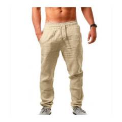 GENERICO - Pantalones deportivos de ocio algodón y lino para hombresCaqui