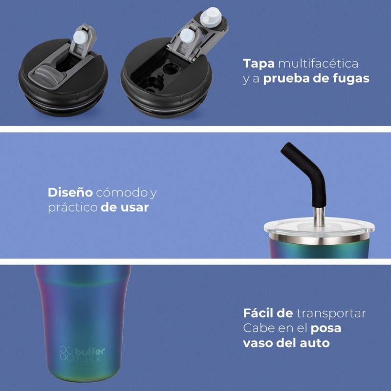 Mug Vaso Termo Agua Cafe 700 Acero Inox + Tapas - Negro BUFFER FLASK