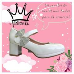 COMPRAPO - Zapato Calzado Princesa Niña Charol Blanco con Tacón y Lazo Brillitos