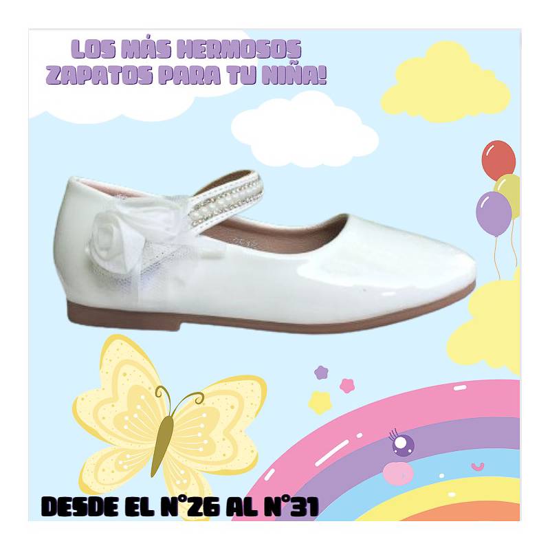 COMPRAPO - Zapato Calzado Princesa Niña con Rositas y Brillos Charol Blanco