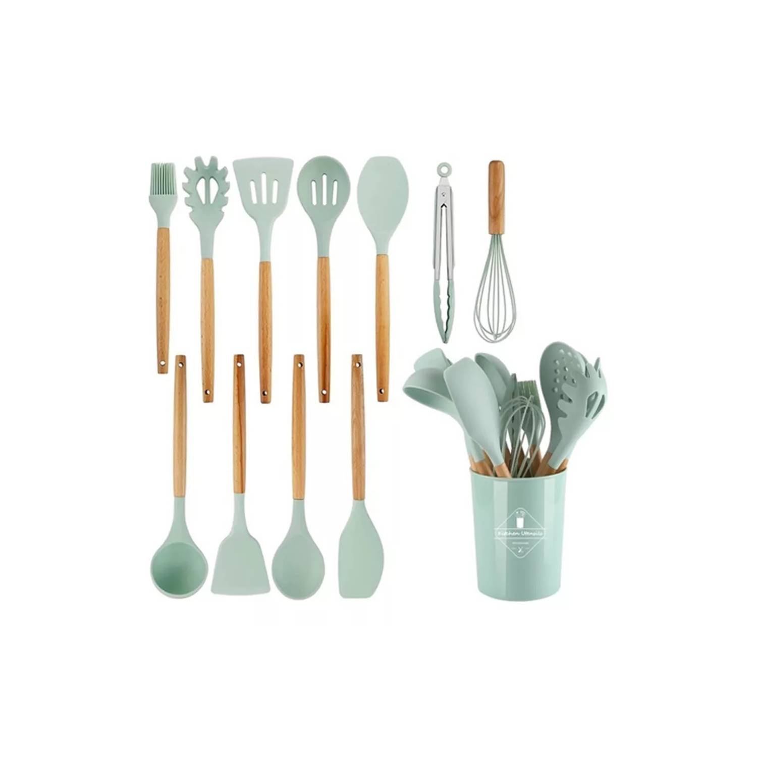 GENERICO Juego Utensilios de cocina silicona con madera 10 pcs Verde