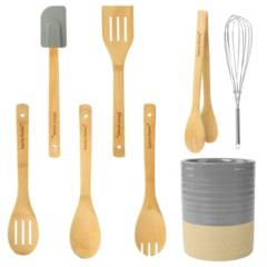 DANNY HOME - Set utensilios de cocina de bambú con soporte de cerámica gris 8pcs
