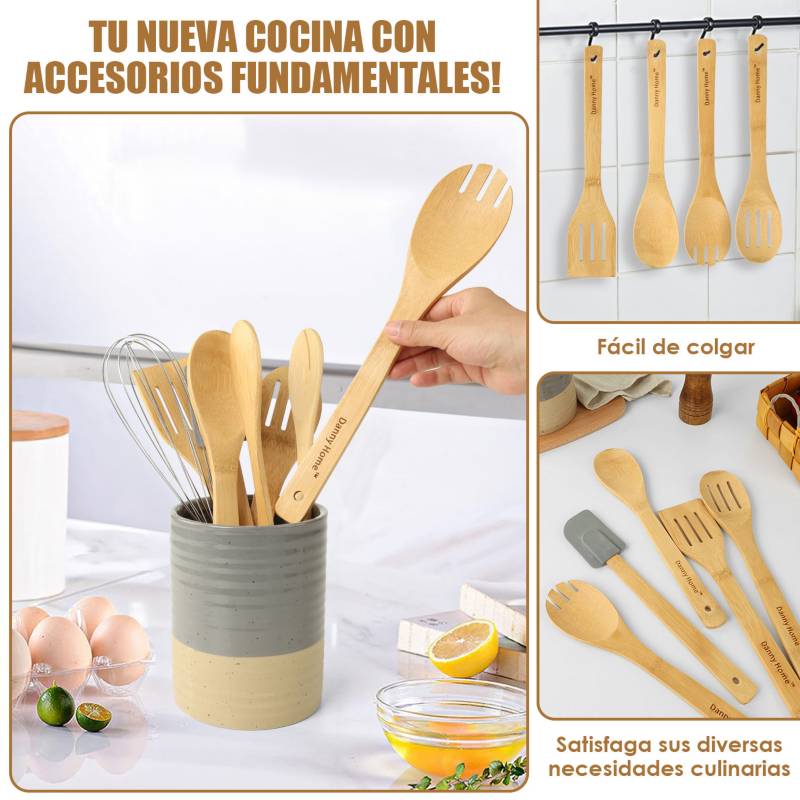 Set de 5 utensilios de cocina, madera de bambú, 30 cm, con soporte