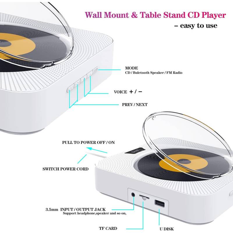 TIOZONEY Reproductor de CD Bluetooth Pantalla LED