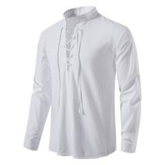 LISM - Camisa de algodón y lino sólido Henry manga larga para hombresBlanco