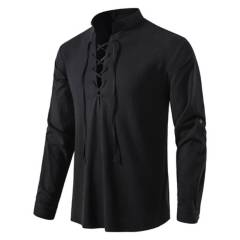 LISM - Camisa de algodón y lino sólido Henry manga larga para hombresNegro