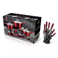BERLINGER HAUS - COMBO batería de cocina  + set de cuchillos  linea rojo borgoña