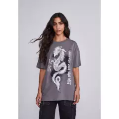 SIOUX - Polera Mujer Gris Oversize Dragon Sioux