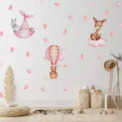 MY MOMI - Vinilos autoadhesivos mural 90x30 cm animales sticker rosado conejo oso venado bambi