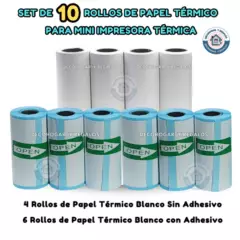 GENERICO - 10 Rollos Papel Térmico Blanco Normal y Adhesivo Para Mini Impresora