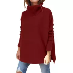 VENUS MIA - Suéter de cuello alto cómodo para mujeres - Rojo vino