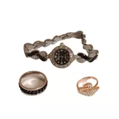 GENERICO - Reloj pulsera de acero incrustación de circón vintage y anillos mujer