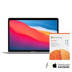 APPLE - Apple MacBook Air Silver (13" con Chip M1 CPU 8 núcleos y GPU 7 núcleos, 8GB RAM, 256 GB SSD) + Microsoft 365 Personal (1 Persona, Suscripción 12 Meses, Word, Excel, Power Point, Outlook, Onedrive, Seguridad)