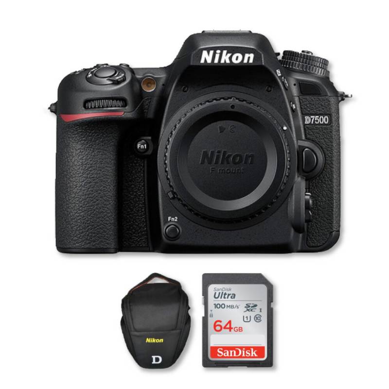 NIKON - Camara d7500 4k sólo cuerpo + memoria 64gb + bolso