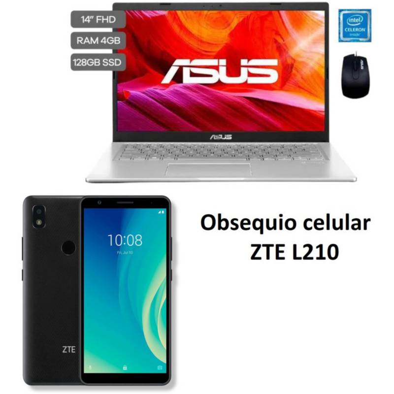 ASUS - Portátil asus x415m 4gb ram ssd 128gb gris + mouse  es + celular zte l210