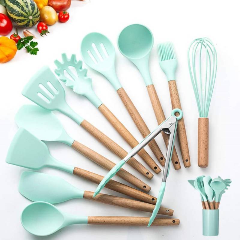Set cucharones utensilios cocina de silicona 12 piezas verde GENERICO