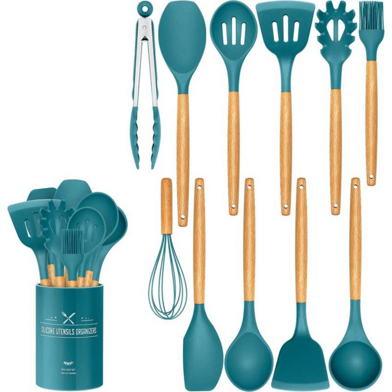 Set cucharones utensilios cocina de silicona 12 piezas azul petroleo  GENERICO