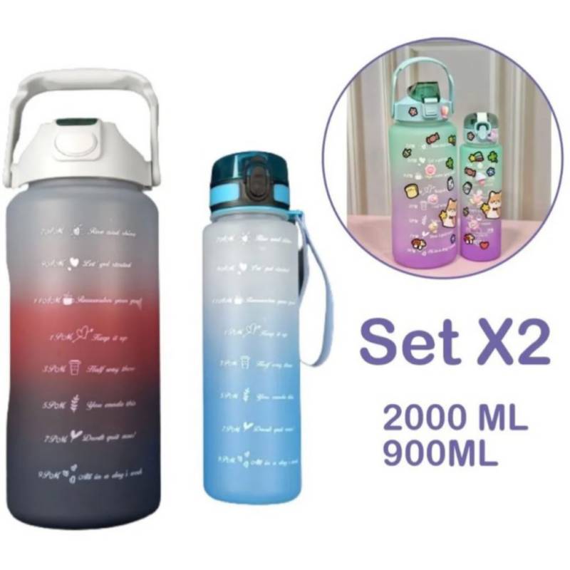 Set 2 Botella De Agua Motivacional 2 Litros + 900ml Deporte