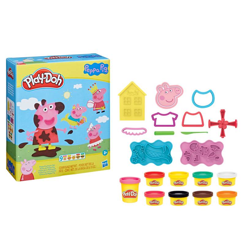 PLAY DOH - Crea y Diseña Peppa Pig de Play Doh Incluye sello Peppa Pig, 4 cortadores, sello de 4 lados, molde de casa, 2 paletas de moldes, rodillo, cuchillo y 9 latas de masa para moldear. (A partir de 3 años)