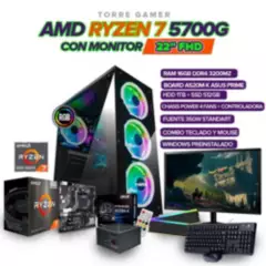 AMD - PC GAMER RYZEN 7 5700G/ SSD 512GB M.2/ HDD 1TB / RAM 16GB/ MONITOR  FHD 22"