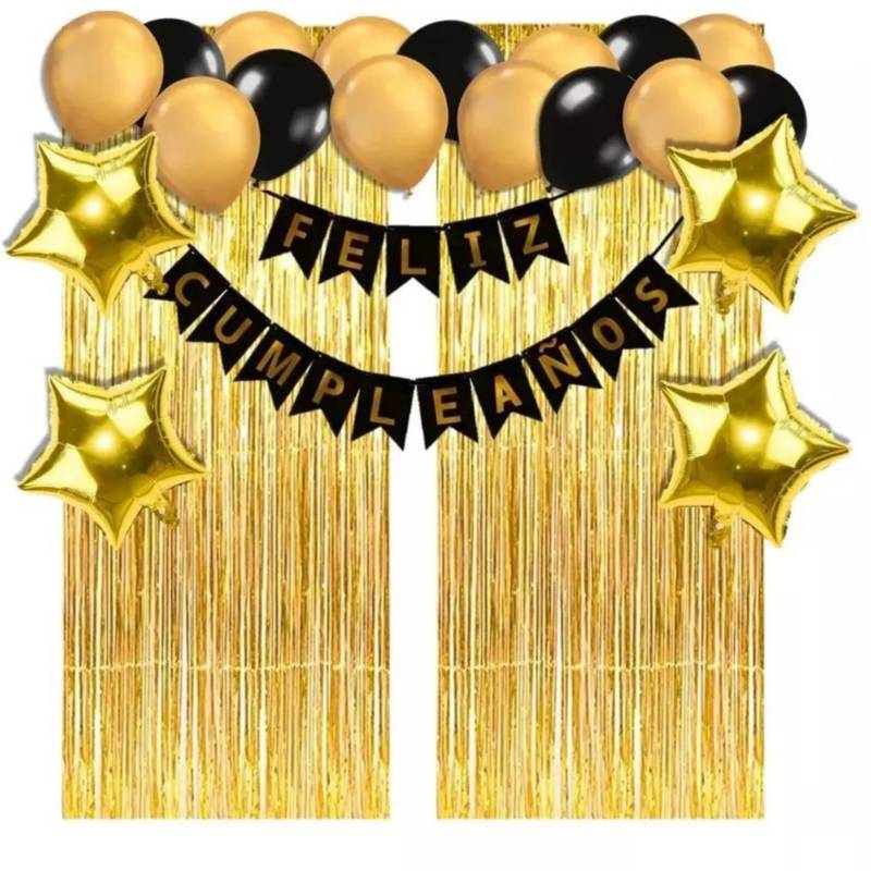 Kit decoracion cumpleaños dorado negro estrellas cortina GENERICO