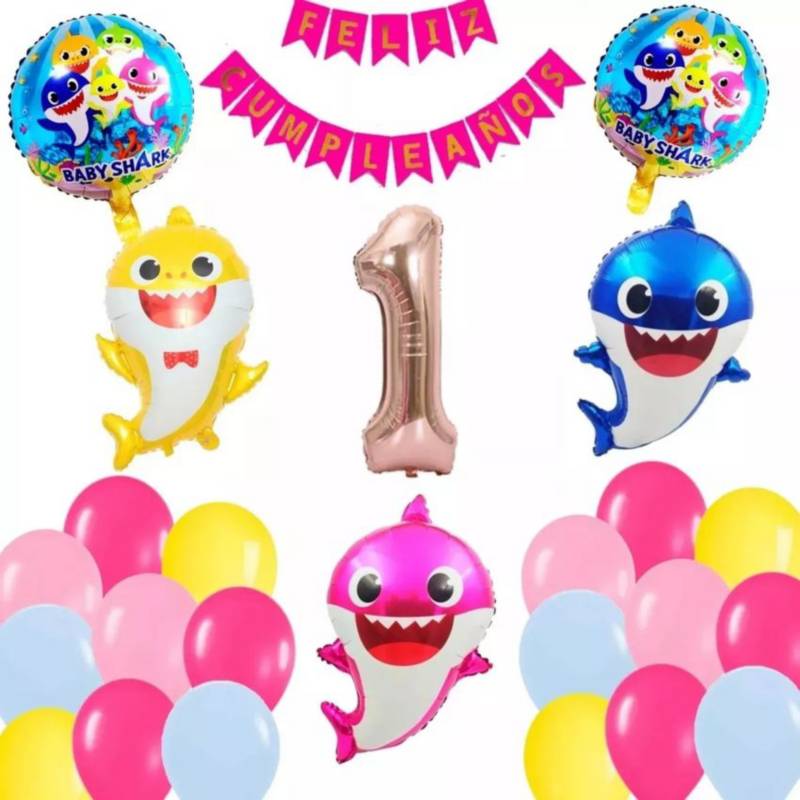 Kit globos decoración baby shark cumpleaños fucsia rosado GENERICO